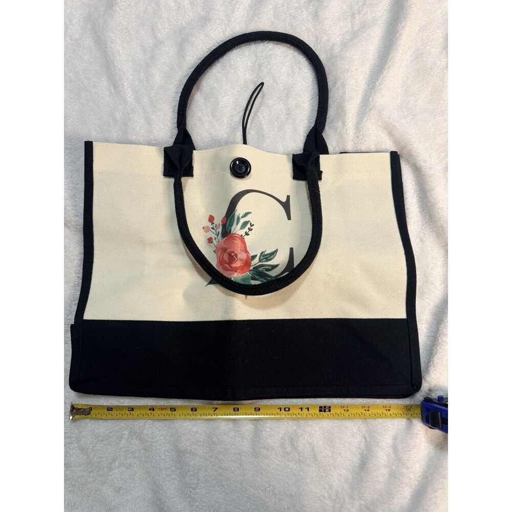 Floral Monogram Canvas Tote Bag - Black and  cream for womens